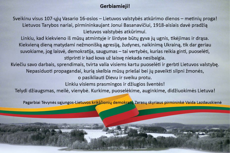 TS-LKD ZARASŲ SKYRIAUS PIRMININKĖS VAIDOS LAZDAUSKIENĖS SVEIKINIMAS